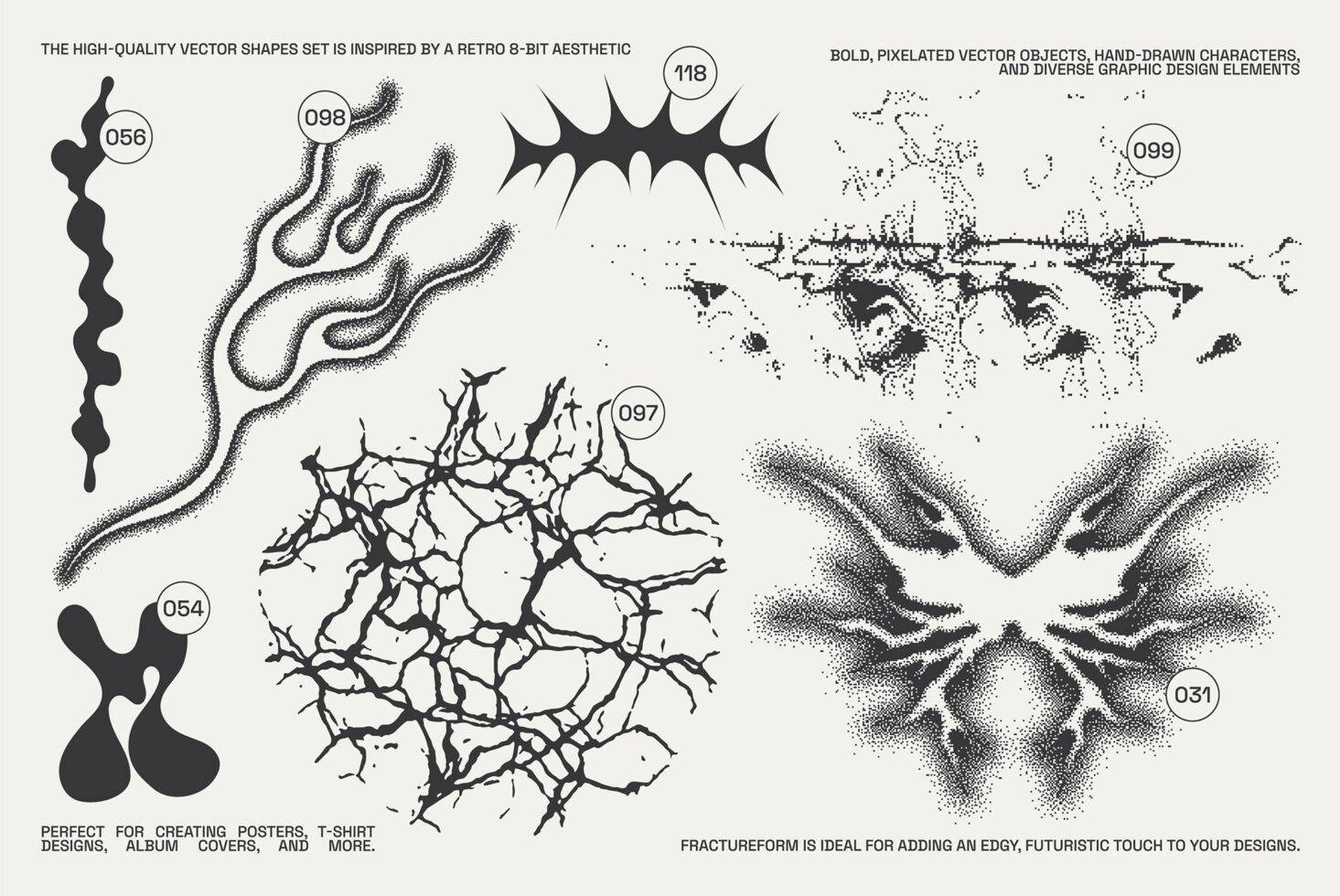 Abstract vector graphics set featuring retro 8-bit inspired shapes ideal for designers creating posters, t-shirt designs, and album covers.