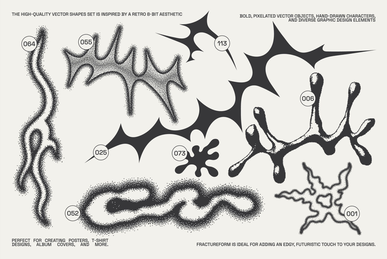 Retro vector shapes inspired by 8-bit aesthetics feature hand-drawn elements for graphic design. Ideal for posters, album covers, templates, and more.