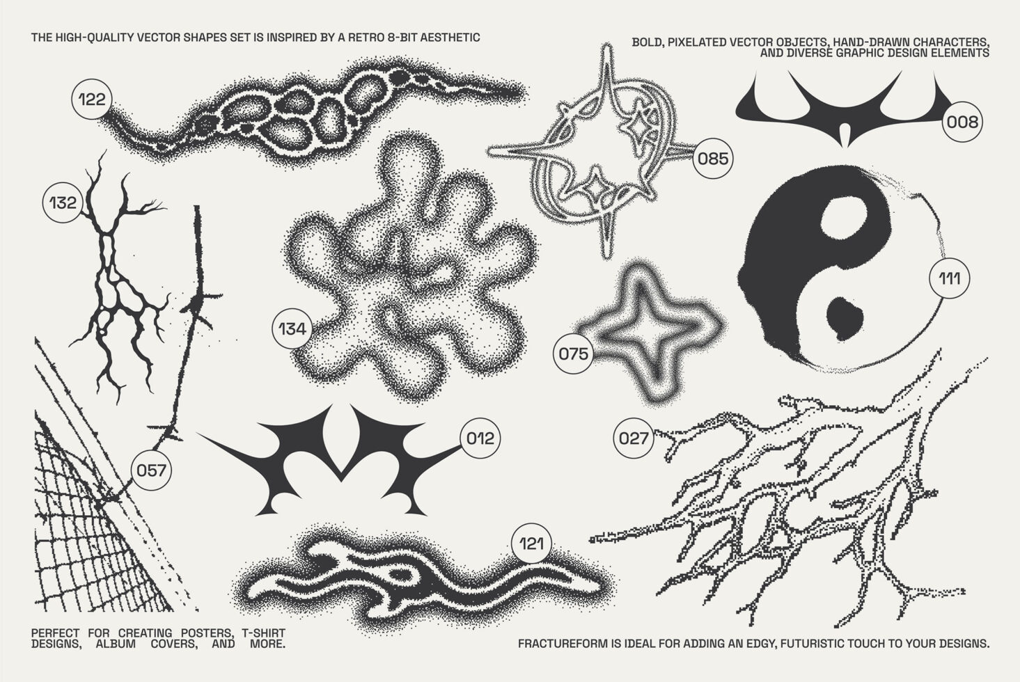Retro 8-bit vector shape set with hand-drawn graphic elements for posters and designs. Perfect for designers seeking vintage and pixelated aesthetics.