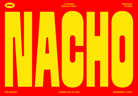 FBS Nacho display font in bright yellow letters with red background, 4 style variations