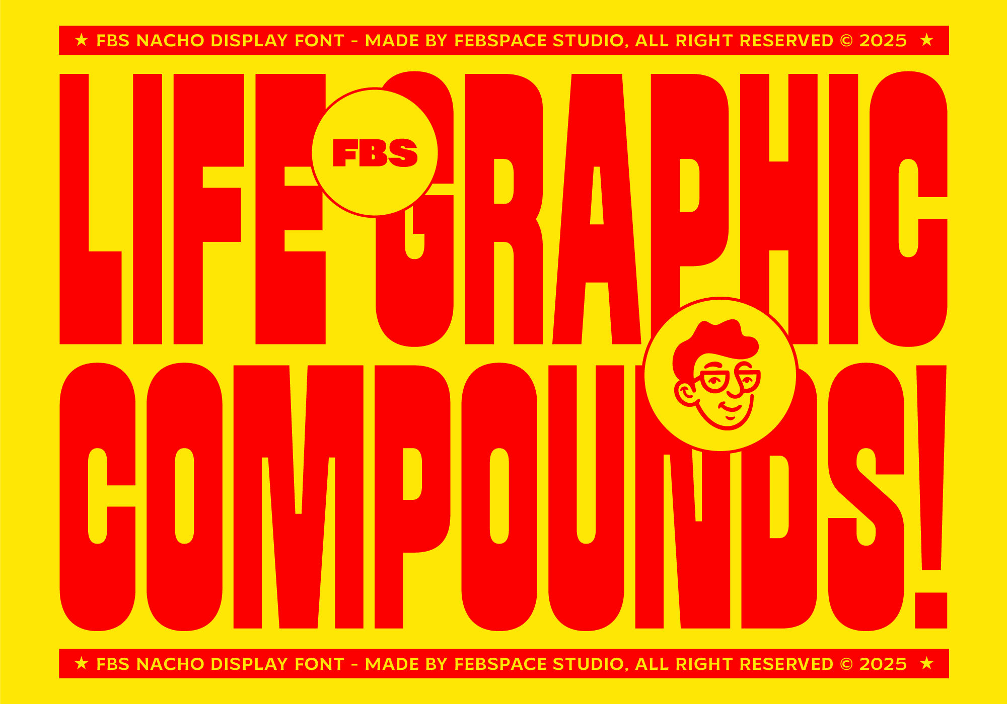 Display font sample, FBS Nacho typeface with cartoon character circles