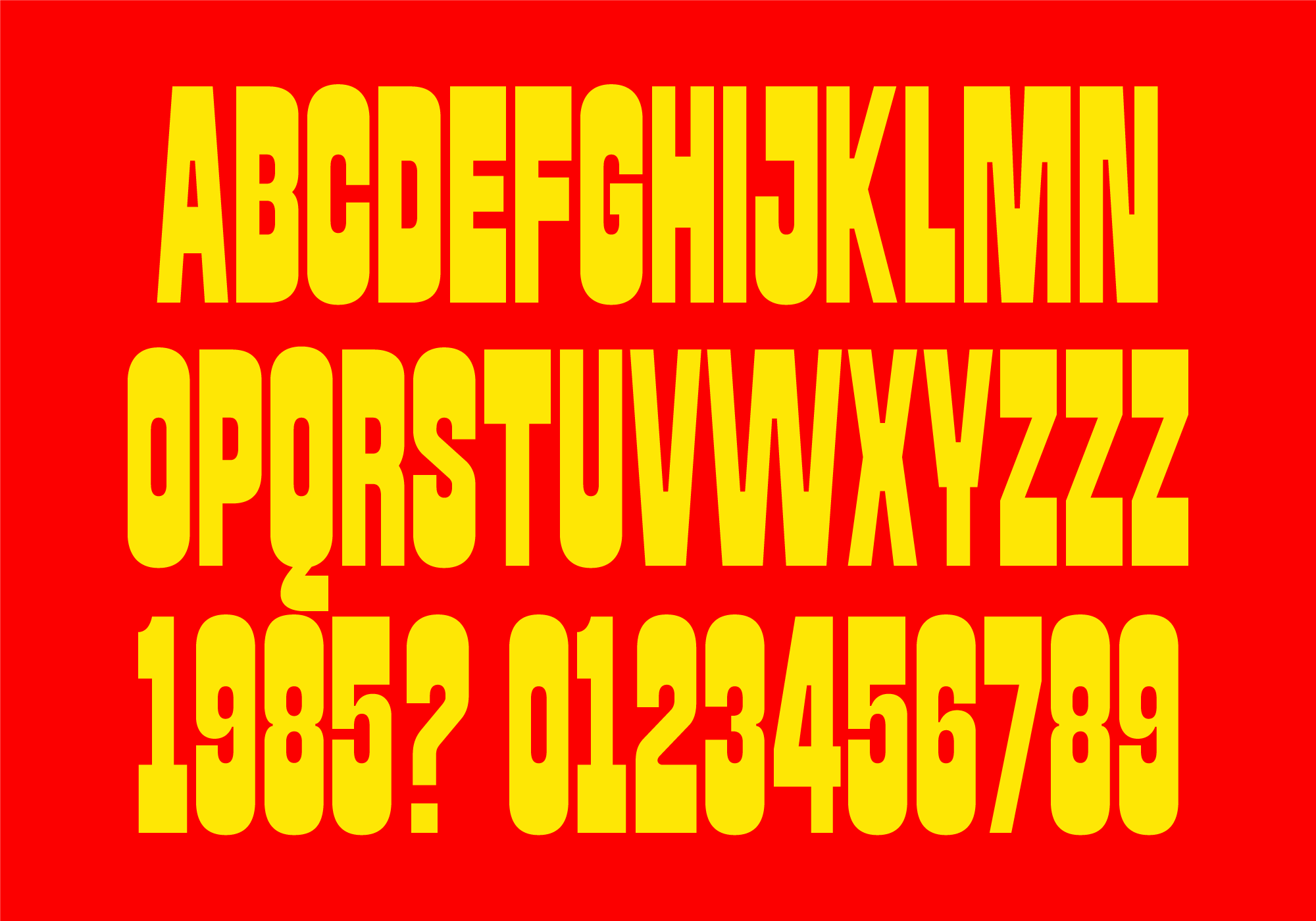 Red background with yellow alphabet, numbers, punctuation in thick block font