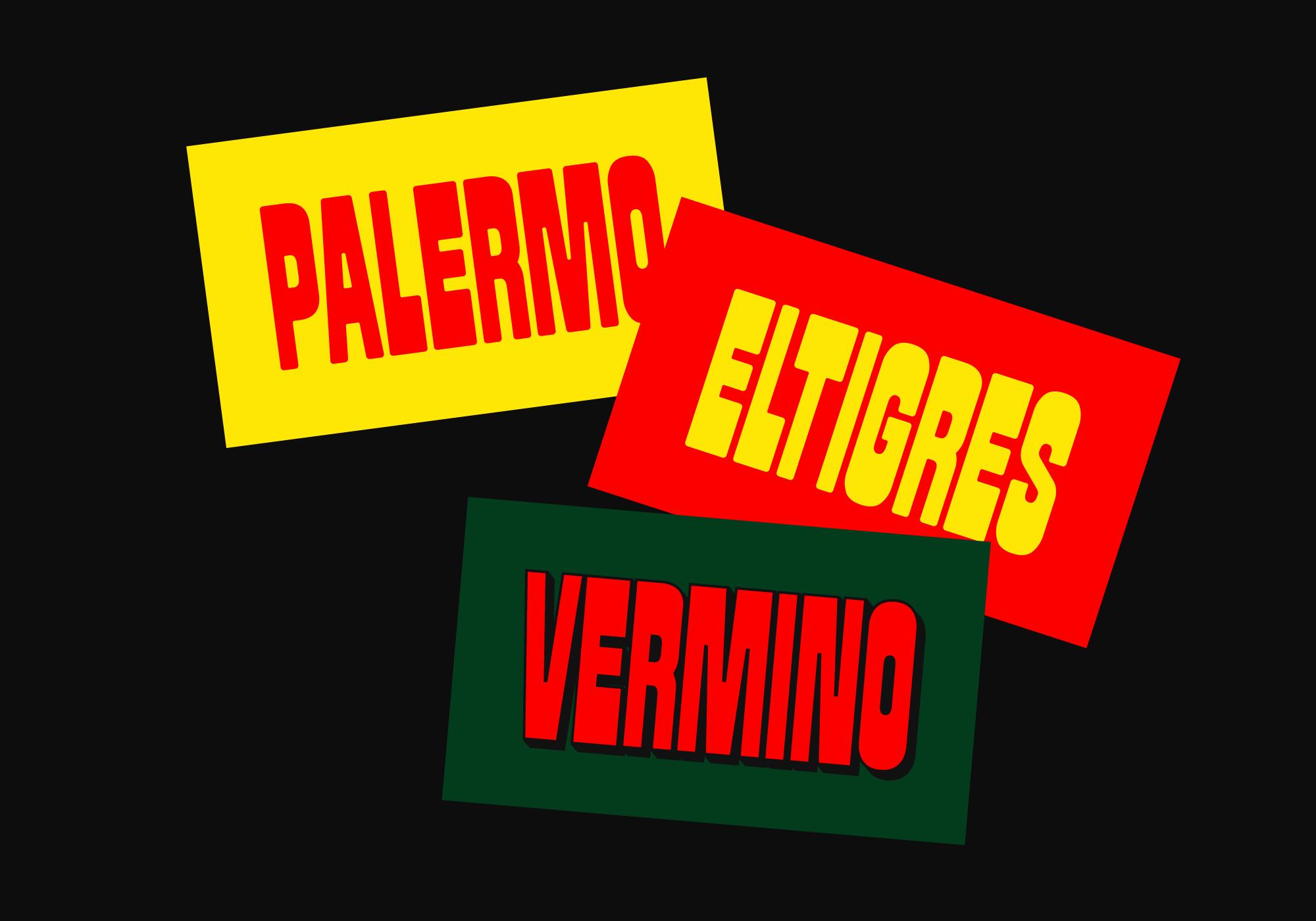 Three overlapping angled cards with city names in bold contrasting colors