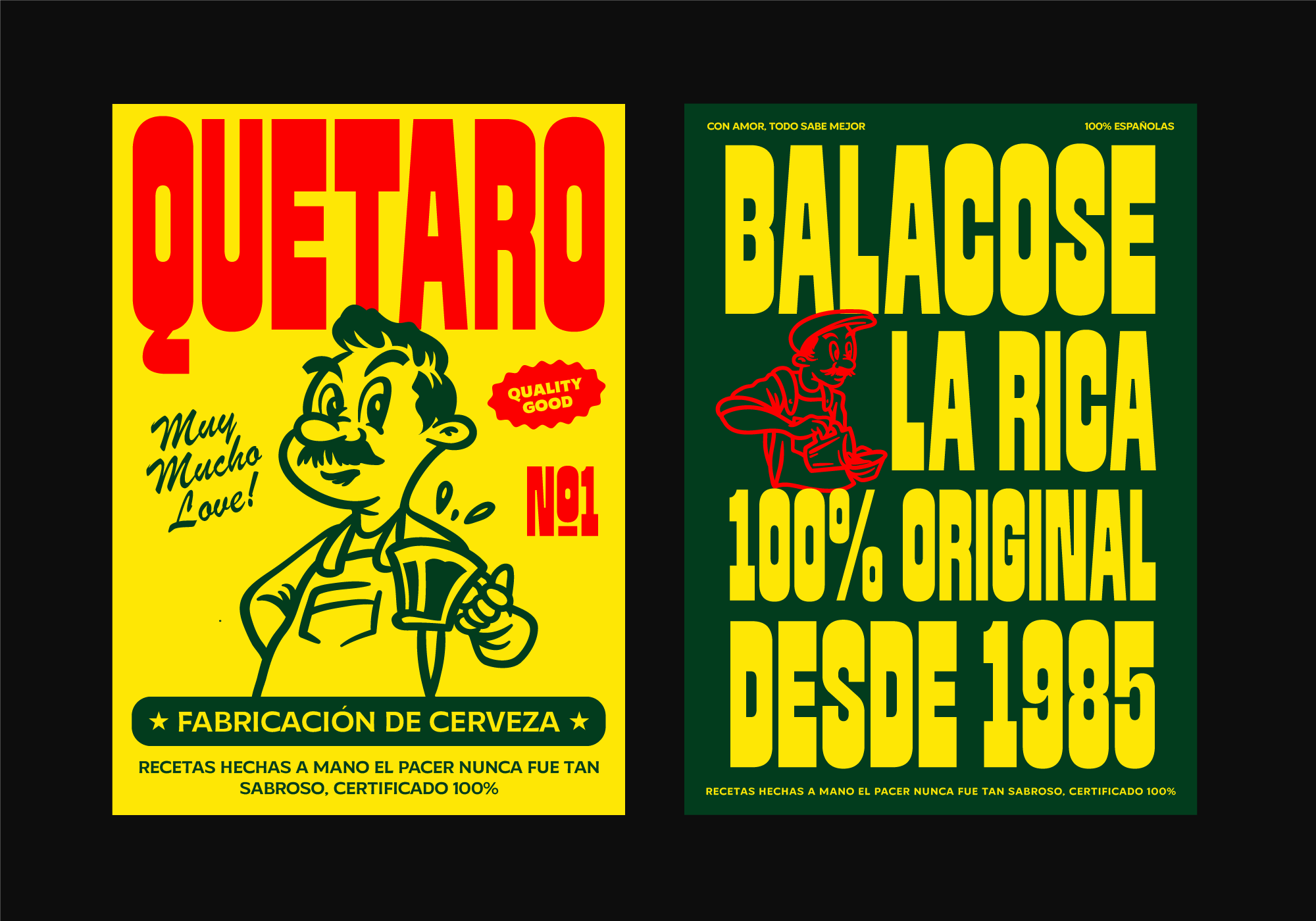 Two retro Spanish beer posters side by side with bold yellow, red, green text
