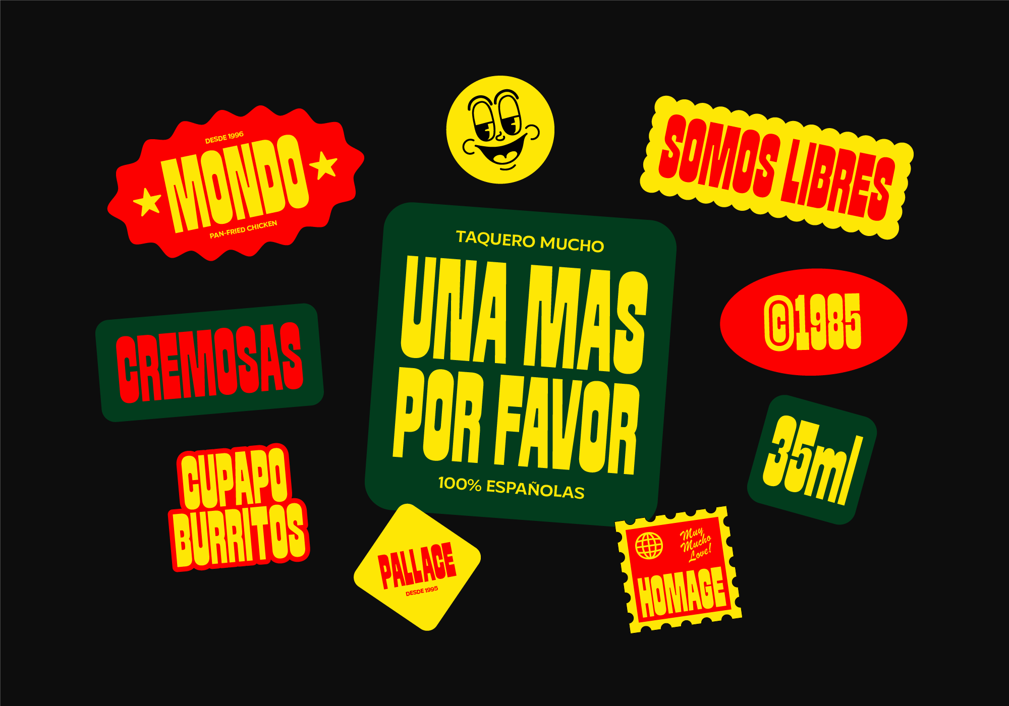 Scattered vintage-style stickers featuring Spanish food words, smiley face, retro badges