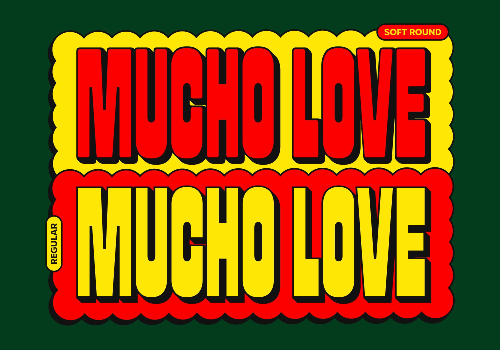 Bold retro Mondo Love title in soft round style with red, yellow, green color blocking