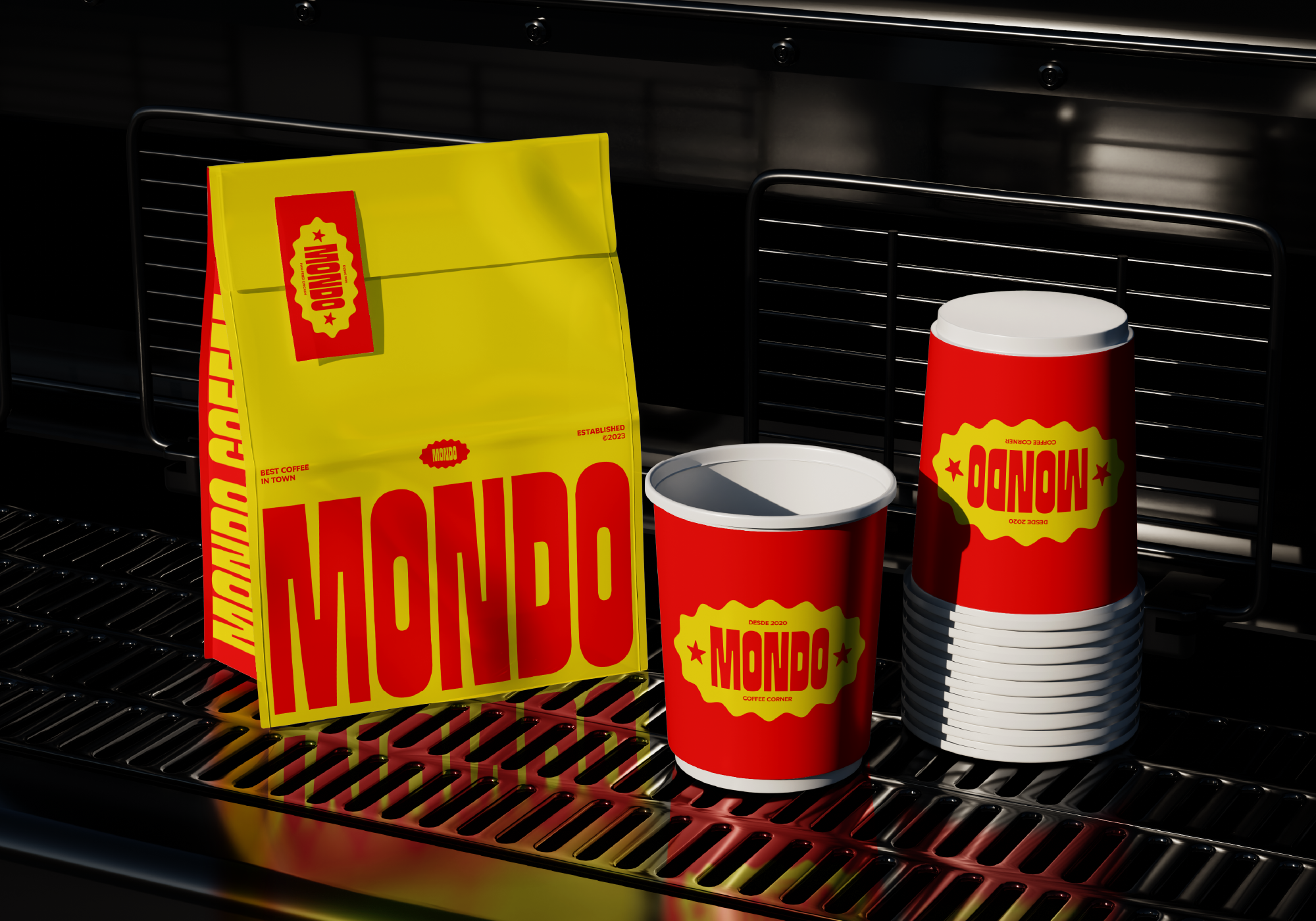 Bright yellow package with red Mondo branding next to stacked red cans with white lids