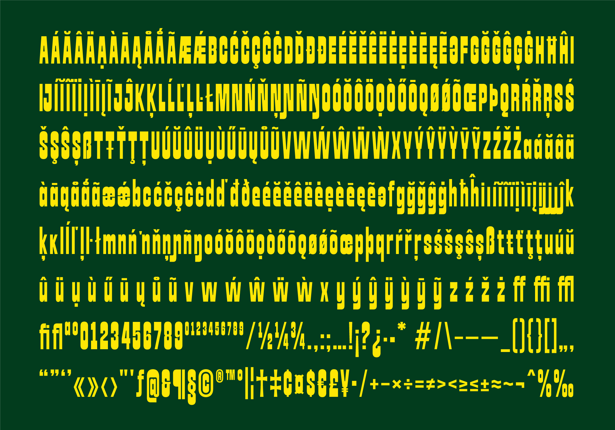 Full character set displaying yellow letters, numbers, symbols on dark green background