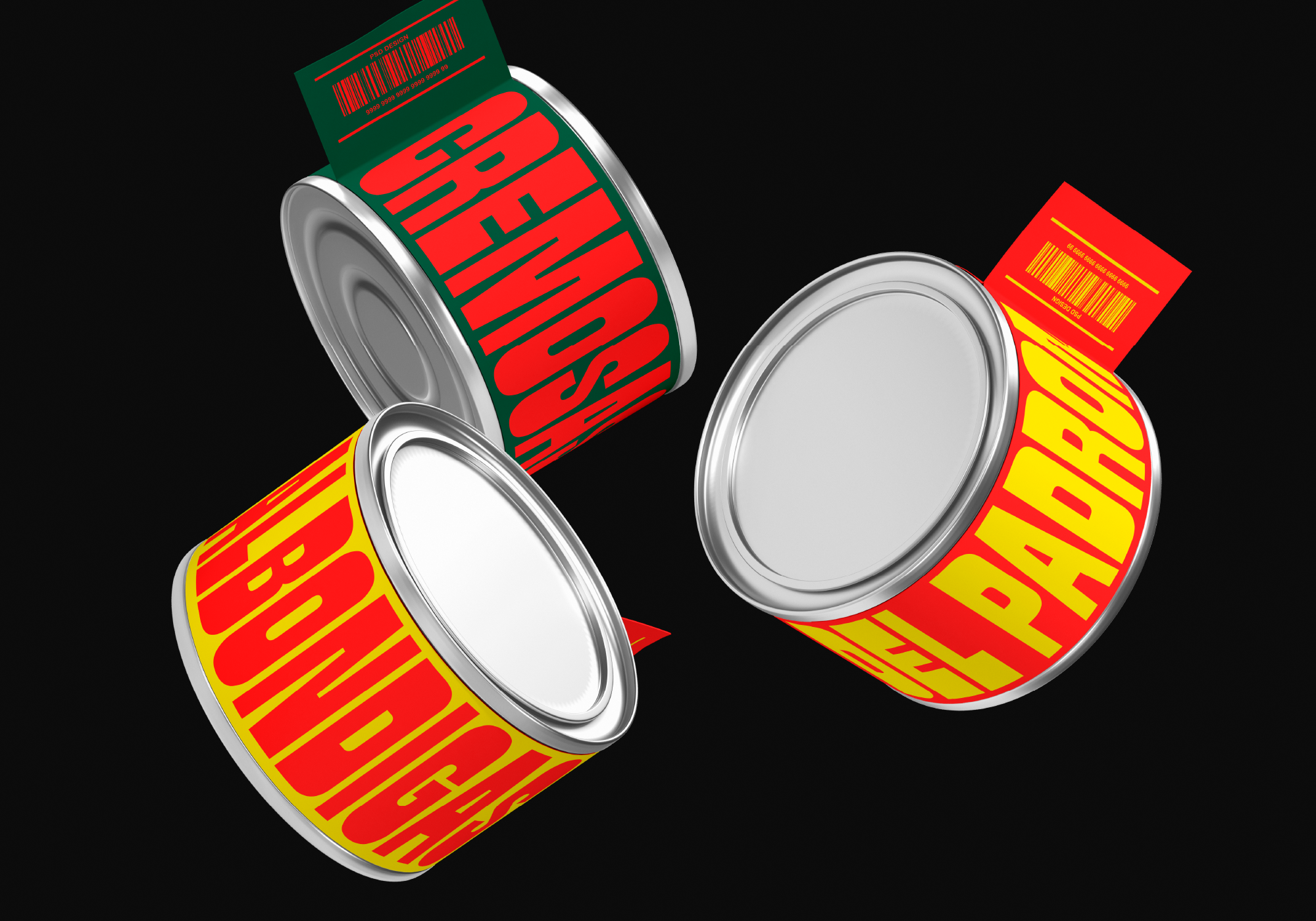 Three open tin cans with wrapped labels in red, yellow, plus green color variations