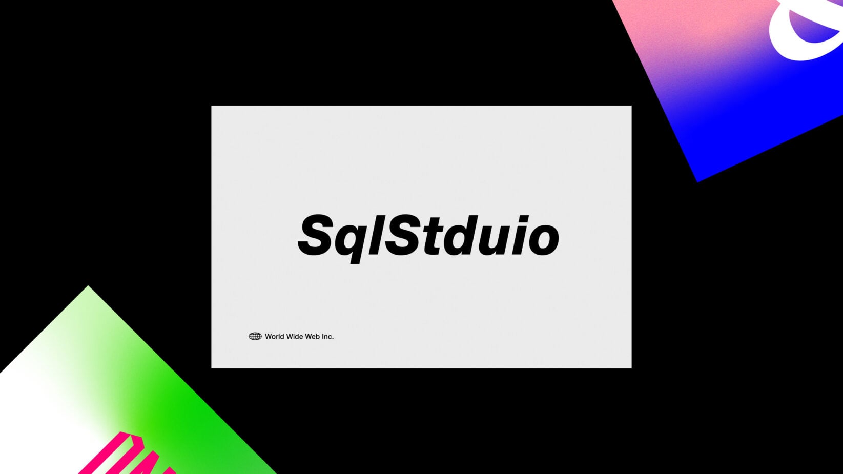 Bold black text SqlStduio on a white rectangle against a black background with colorful gradient elements, ideal for graphic design templates mockups