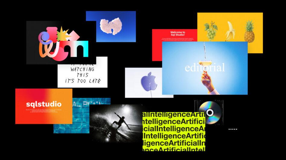 Collage of vibrant motion design assets including illustrations logos photographs