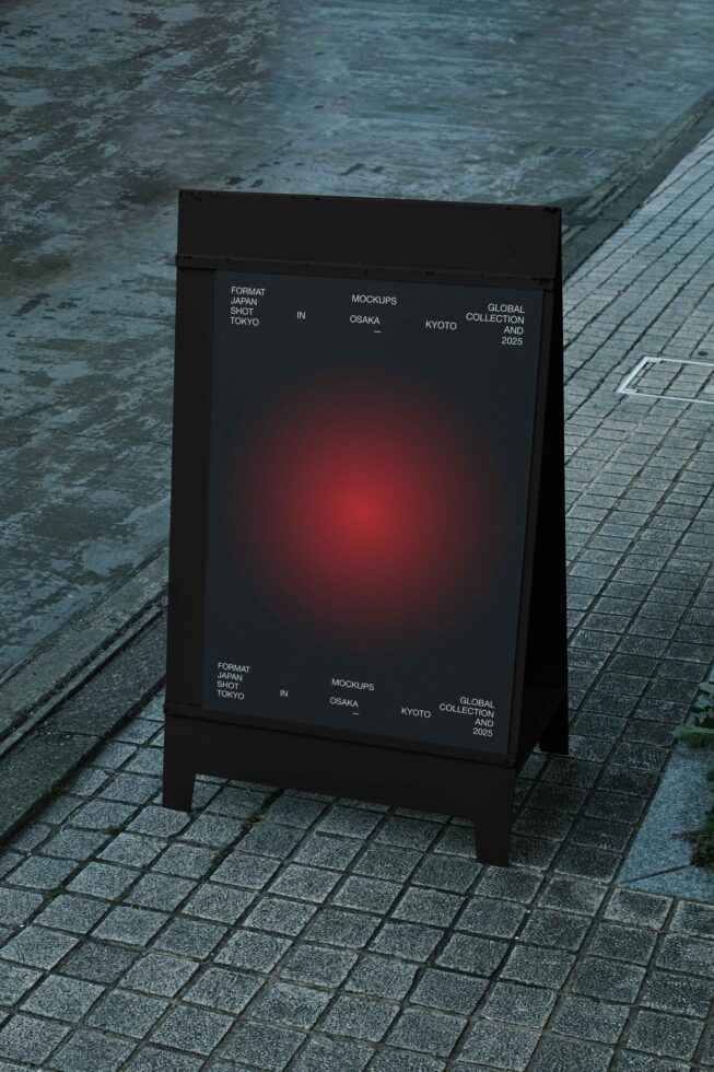 Black A-frame sidewalk sign with red gradient showing Format Japan mockups branding