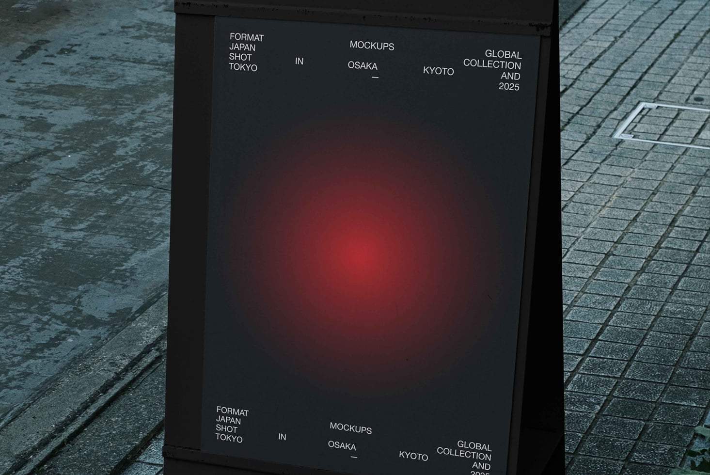 Dark poster mockup on wet ground with Japanese text layout centered