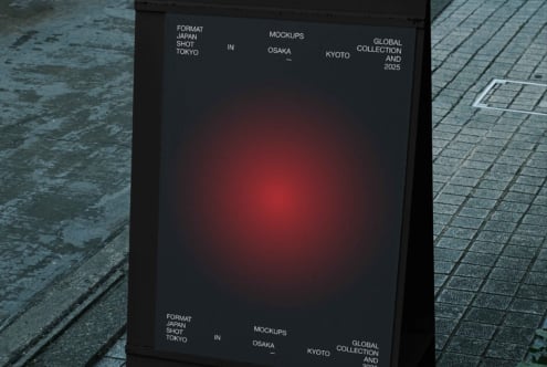 Dark poster mockup on wet ground with Japanese text layout centered