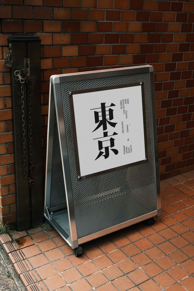 Metal A-frame sign with Japanese characters on red brick storefront