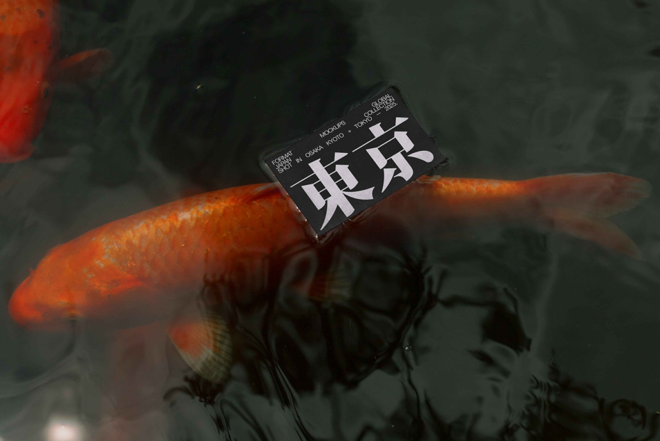 Business card mockup in black resting on vibrant orange koi fish in water