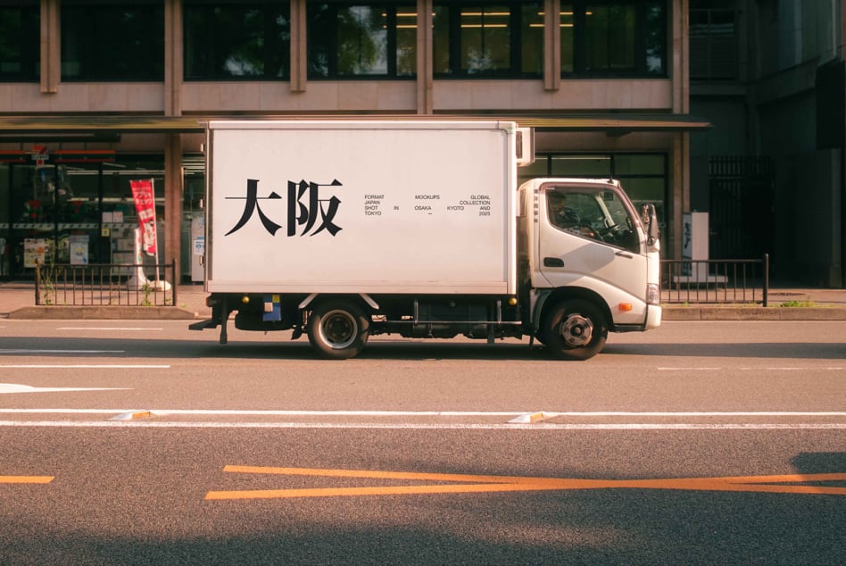 Delivery truck side panel with cream background, Japanese characters, urban street