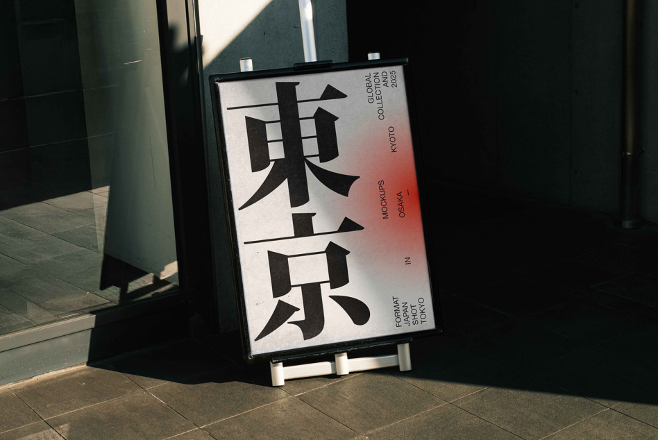 Light to red gradient poster mockup with geometric Japanese typography design