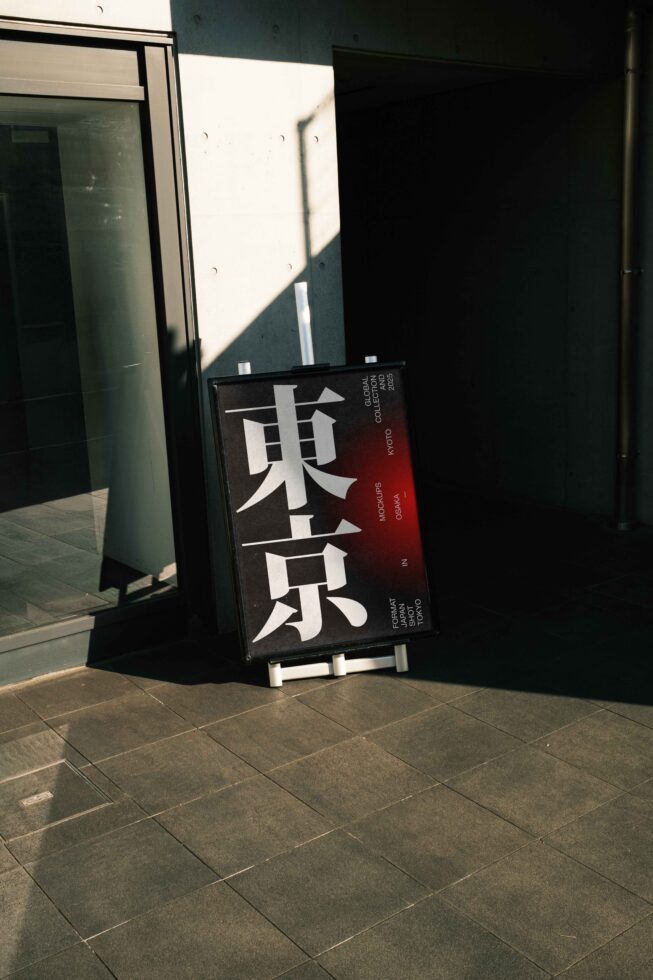 Black sandwich board sign with white Japanese characters on Tokyo street