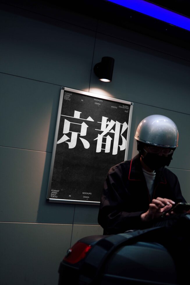 Dark poster mockup with white Japanese kanji mounted on textured wall under blue light strip
