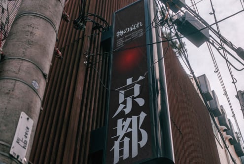 Vertical banner with Japanese characters mounted on dark building facade with tangled power lines