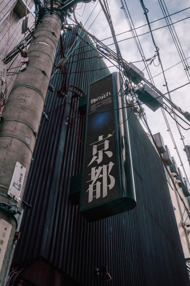 Upward angle of concrete pole, tangled wires, Japanese storefront sign with blue glow