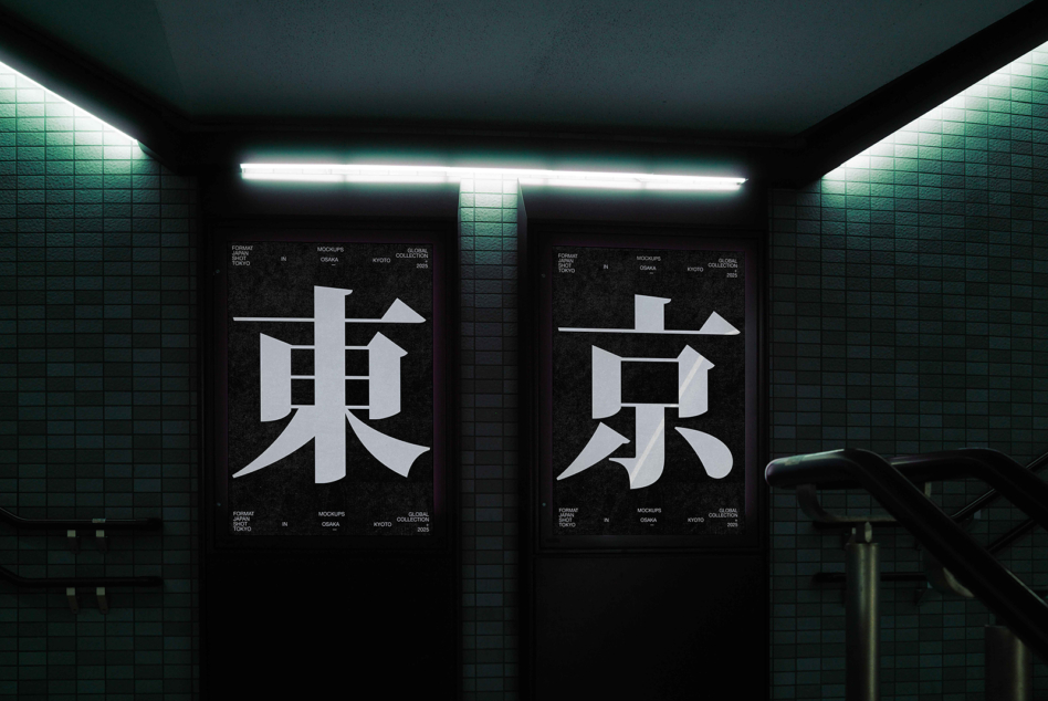 Dual poster mockup in teal-lit subway station with white Japanese characters