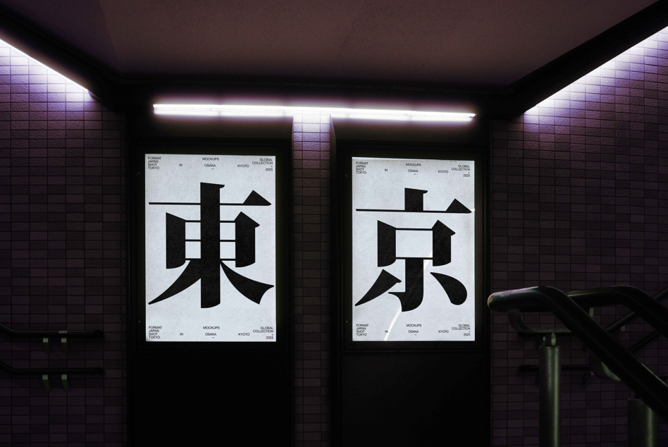 Two posters under purple neon in tiled subway with black Japanese typography