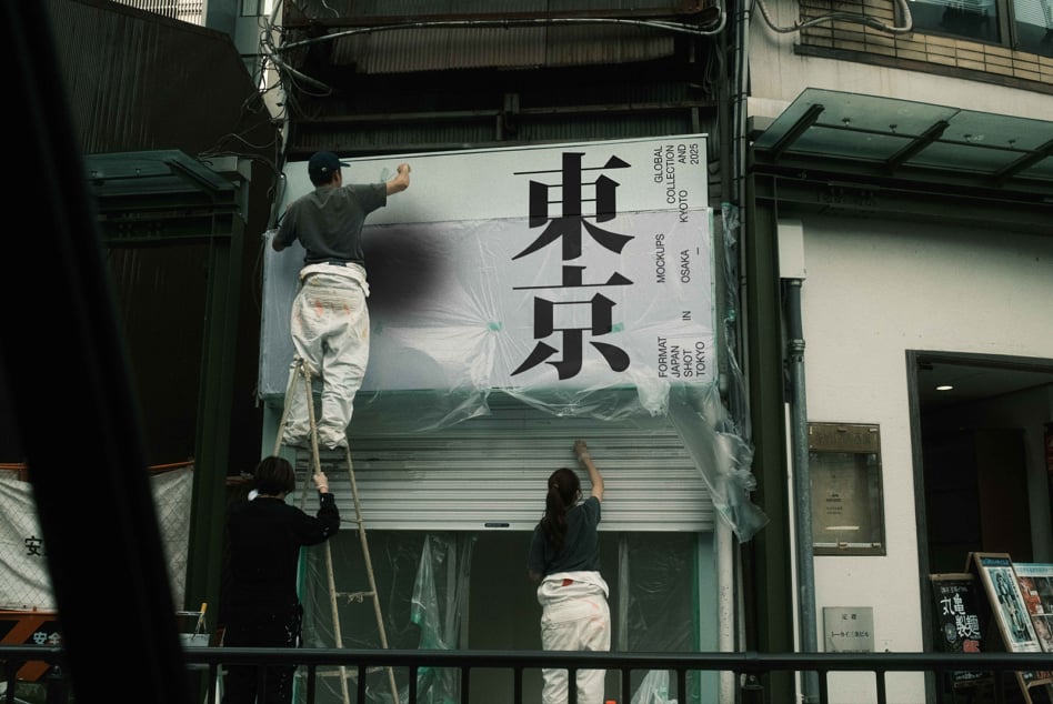 Team installing storefront display with bold kanji lettering on construction site