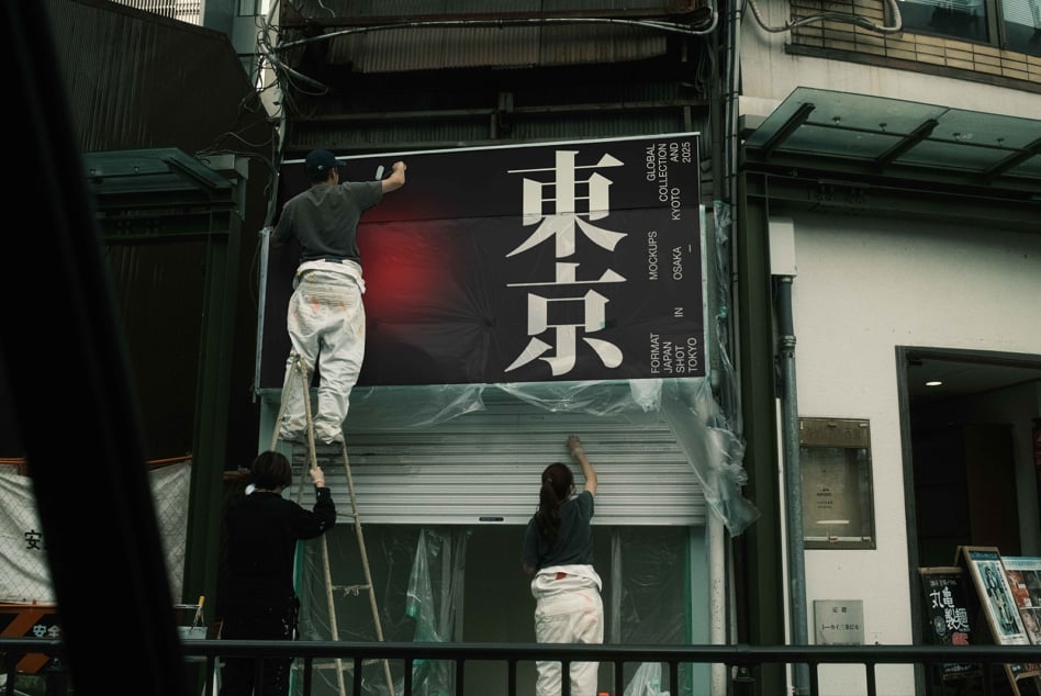 Installation crew applying red accent to billboard featuring white Japanese typography