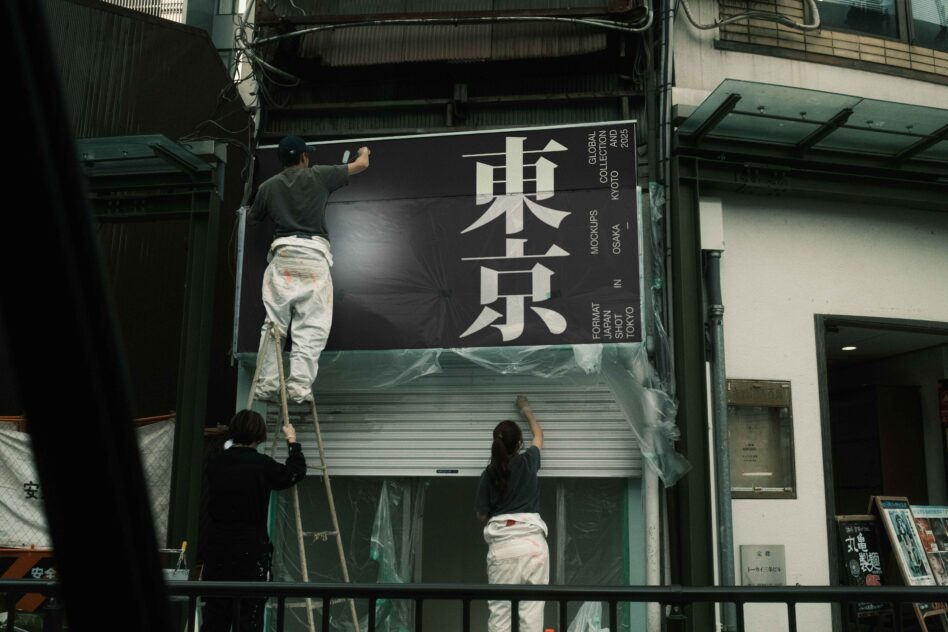 Workers on ladder installing storefront sign with large Japanese characters on black background