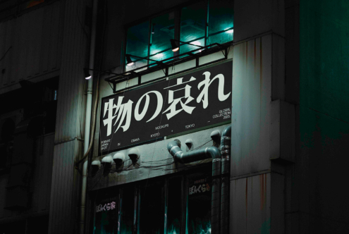 Glowing storefront sign displaying Japanese text on dark urban building