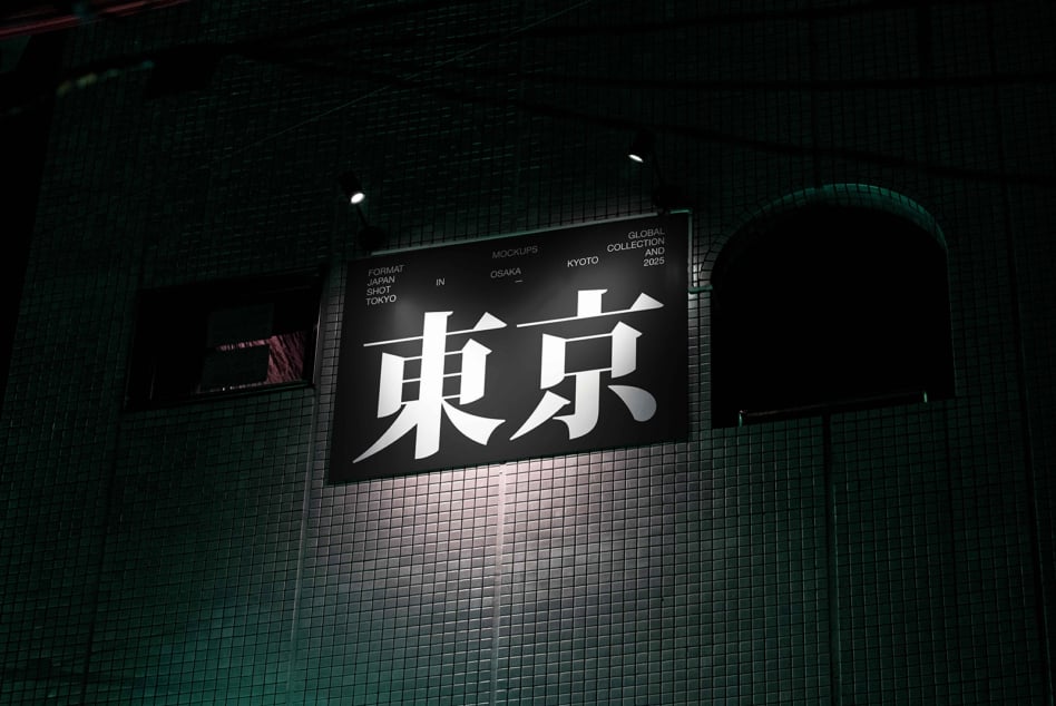 Illuminated horizontal billboard with large white Japanese characters on dark background, teal brick wall