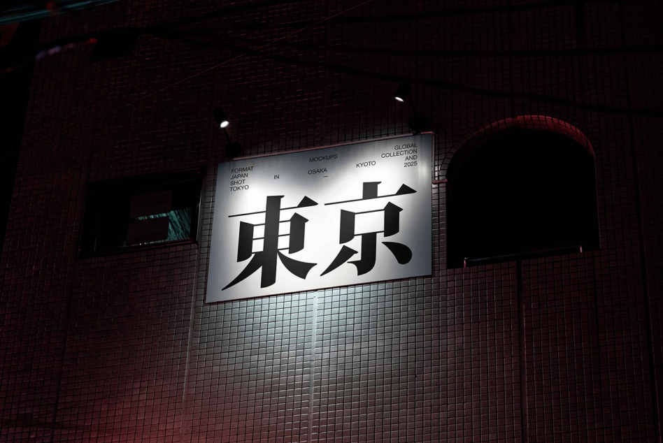 Illuminated horizontal billboard with bold black Japanese characters on light background, brick wall with red tones