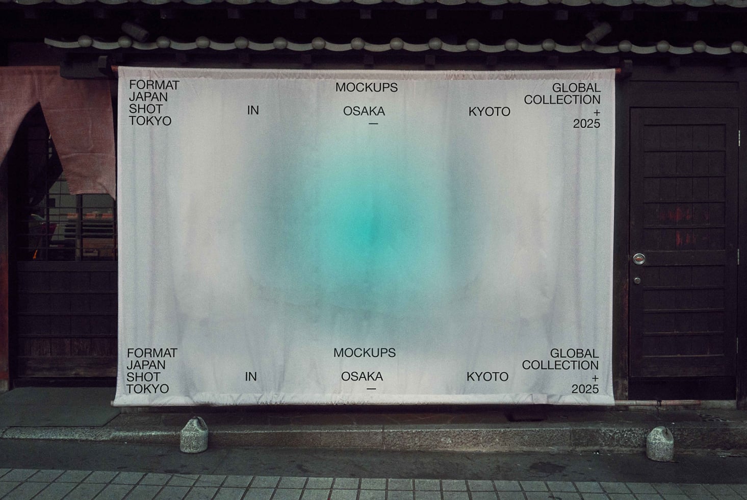 Wide banner mockup with cyan watercolor effect, Japanese temple architecture