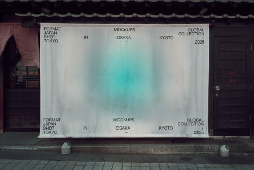 Wide banner mockup with cyan watercolor effect, Japanese temple architecture