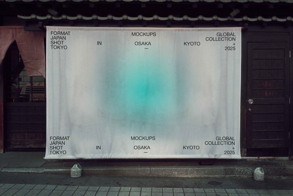 Wide banner mockup with cyan watercolor effect, Japanese temple architecture