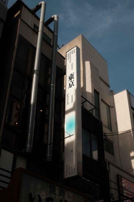 Vertical street banner with Japanese characters mounted on urban building facade