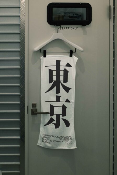 White tank top on hanger with bold black kanji, staff room sign above it