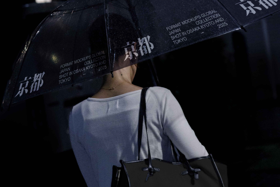 Person from behind holding dark umbrella with Japanese characters printed on canopy