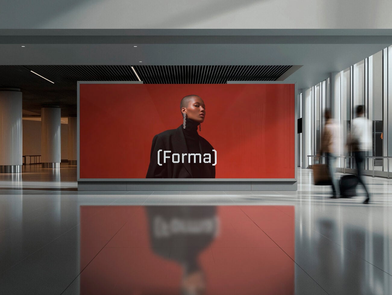 Indoor gallery display with woman portrait on vivid red screen panel