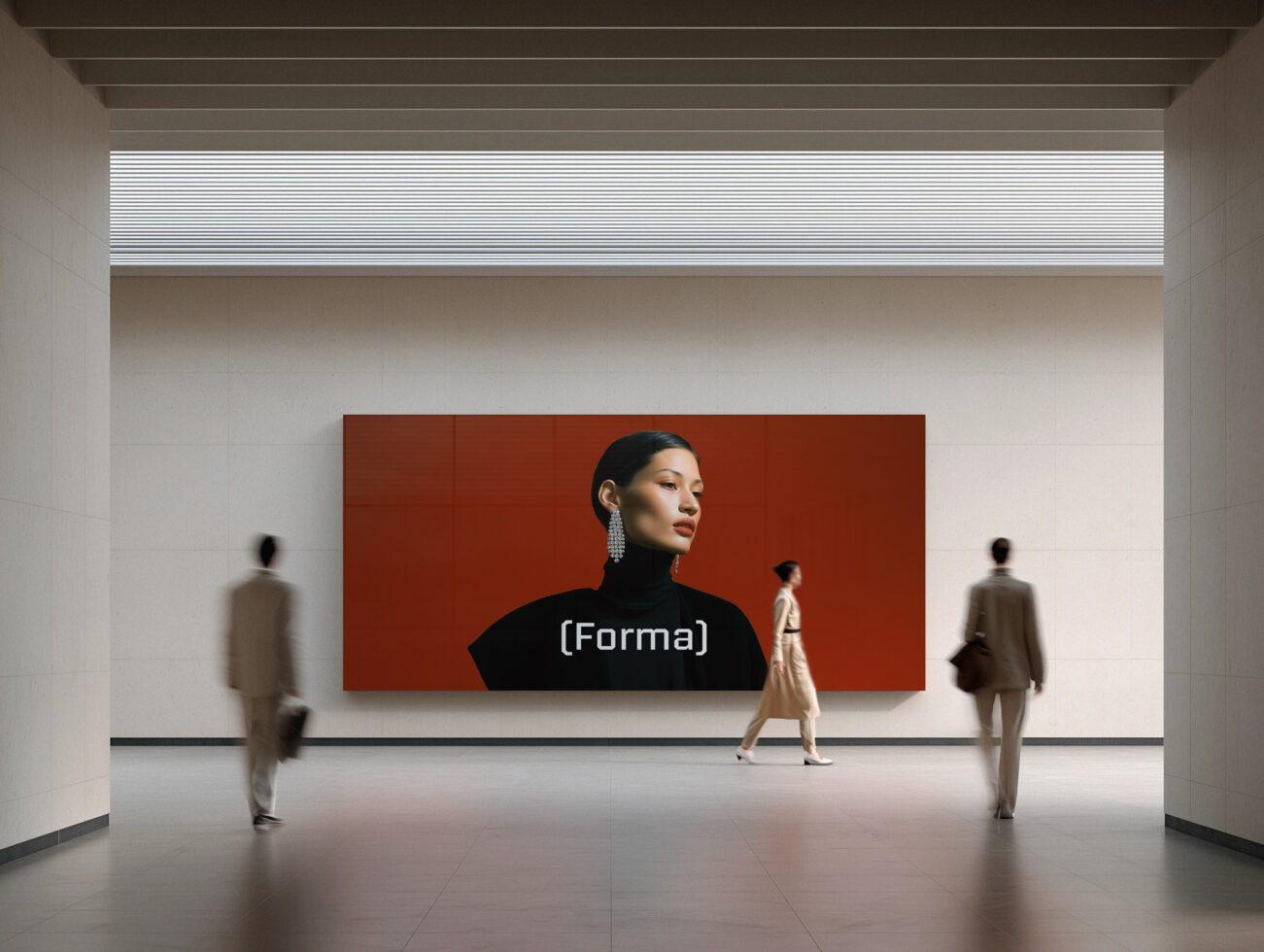 Gallery hall with red horizontal panel portrait fashion photography (Forma) signage