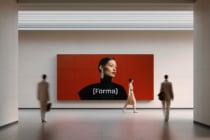 Contemporary exhibition space red horizontal panel with figure portrait (Forma) branding