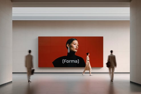 Contemporary exhibition space red horizontal panel with figure portrait (Forma) branding