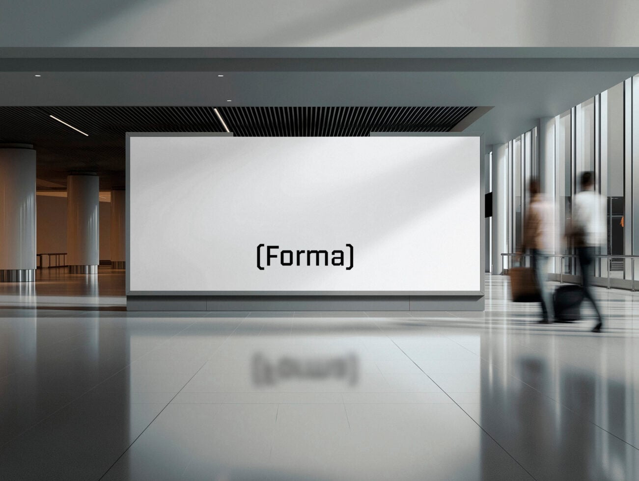 Modern gallery space with large white billboard displaying (Forma) logo text