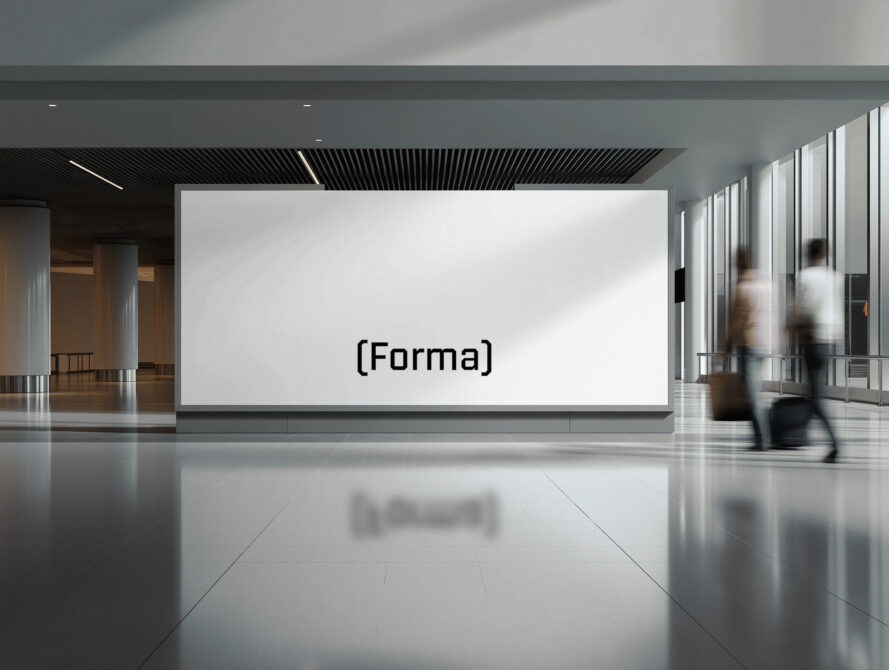 Modern gallery space with large white billboard displaying (Forma) logo text