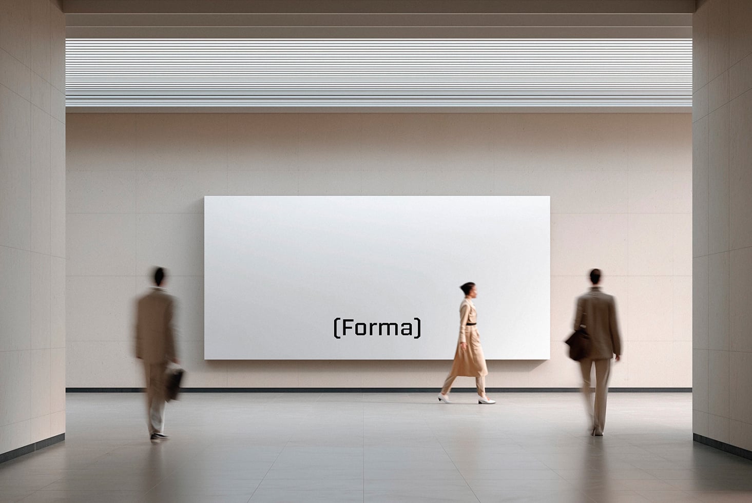 Clean modern gallery with white wall-mounted horizontal billboard (Forma) logo displayed