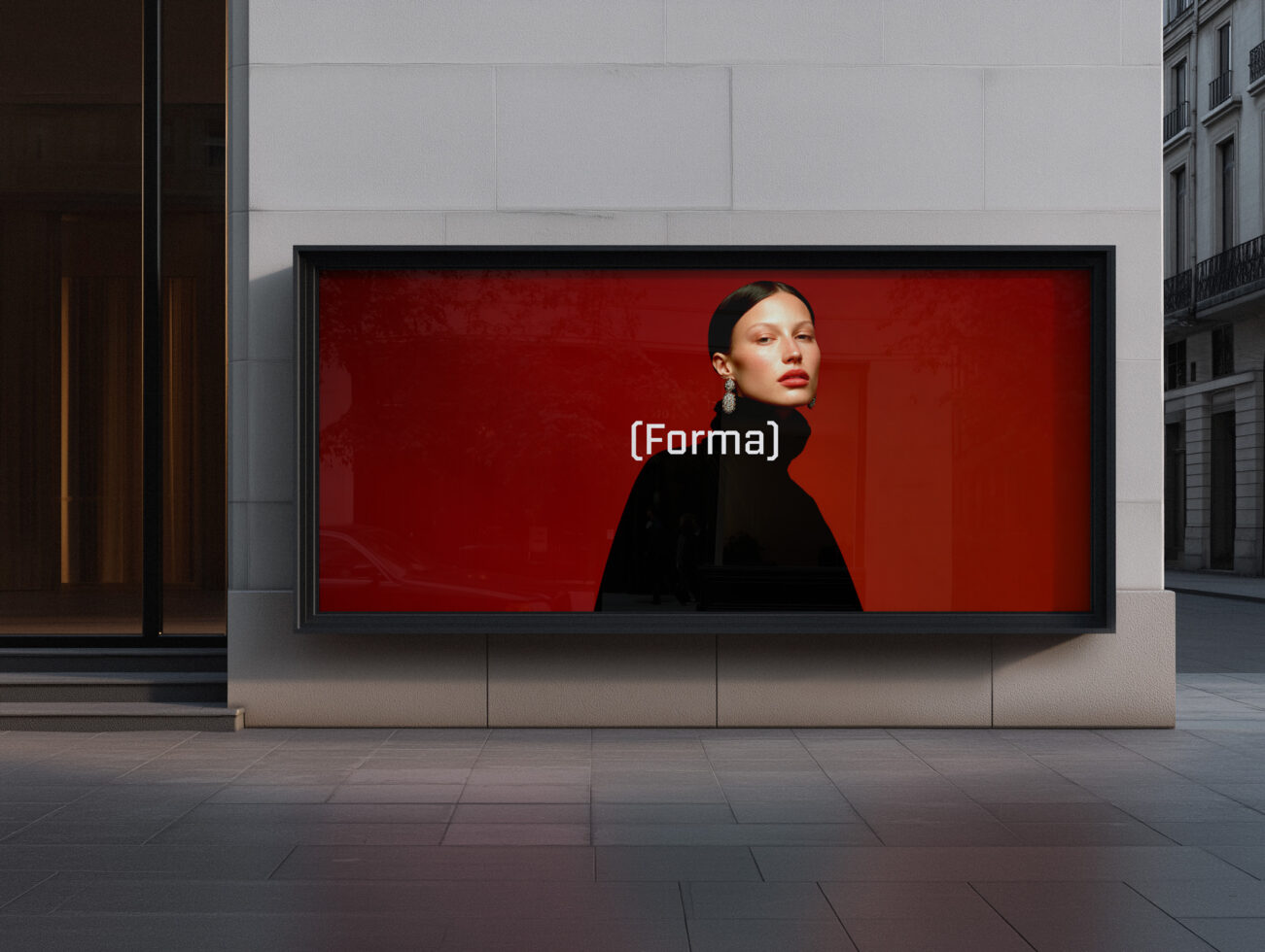 Woman in black turtleneck on bold red billboard against city backdrop