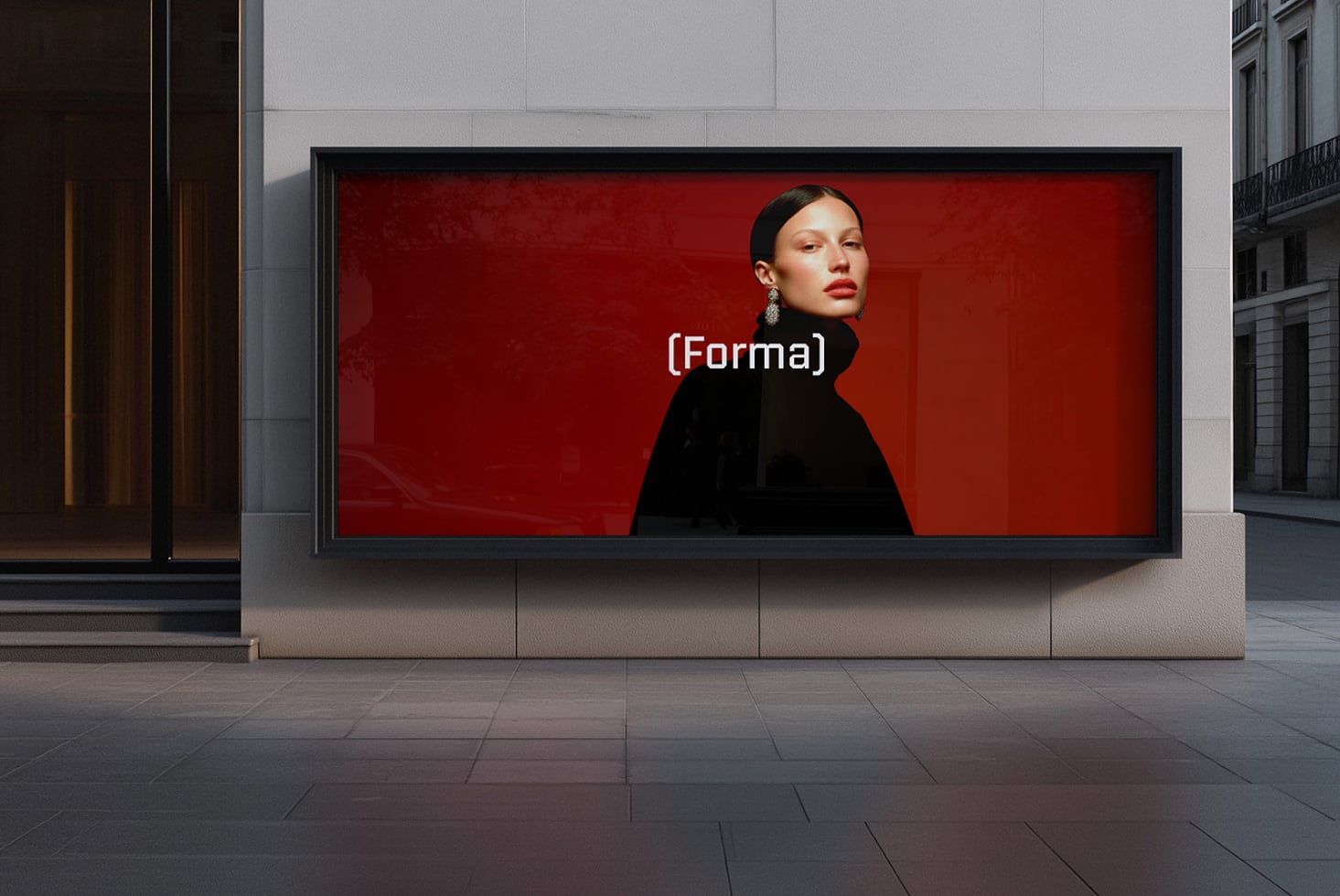 Long rectangular sign mounted on building wall displaying blank space