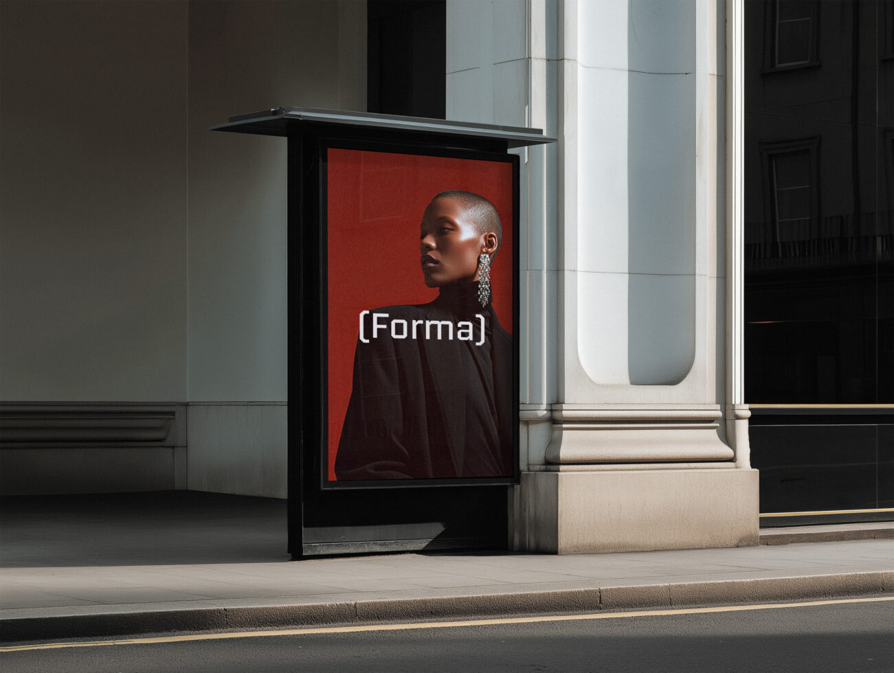 Bus shelter mockup with red background portrait of woman wearing statement earrings
